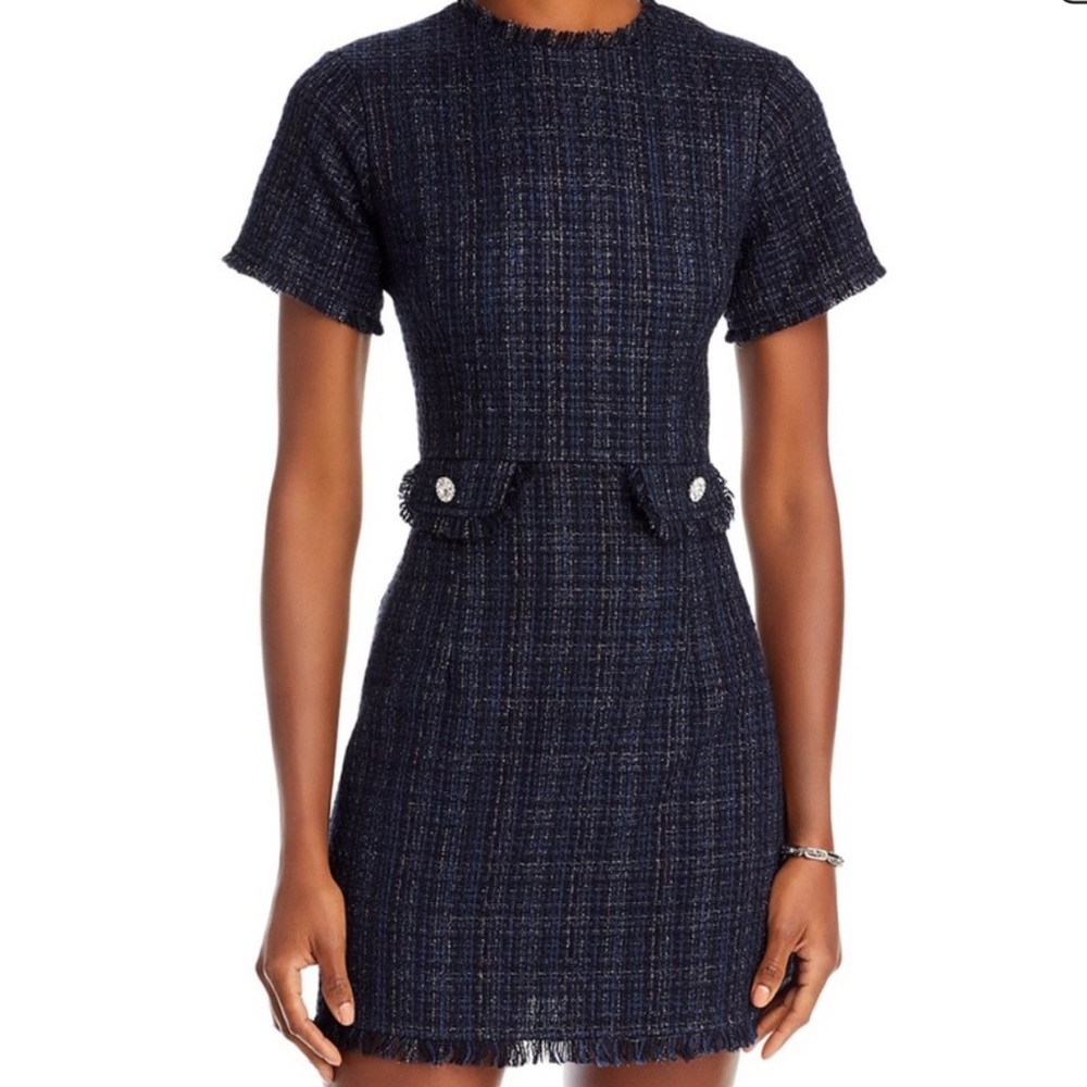 Aqua Navy Tweed Dress with Button Details